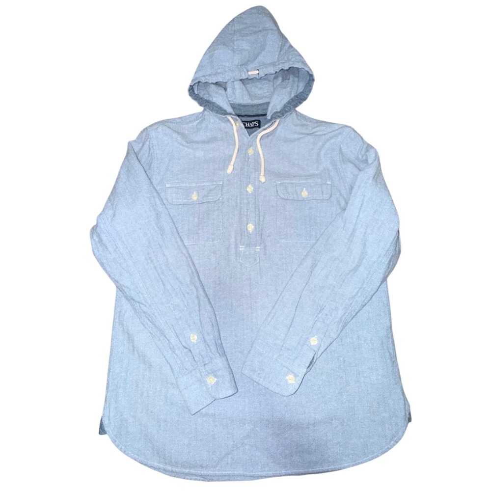 Chaps Men's Blue Herringbone Chambray Hooded Pullover Henley Sz M Skater‎ Surfer